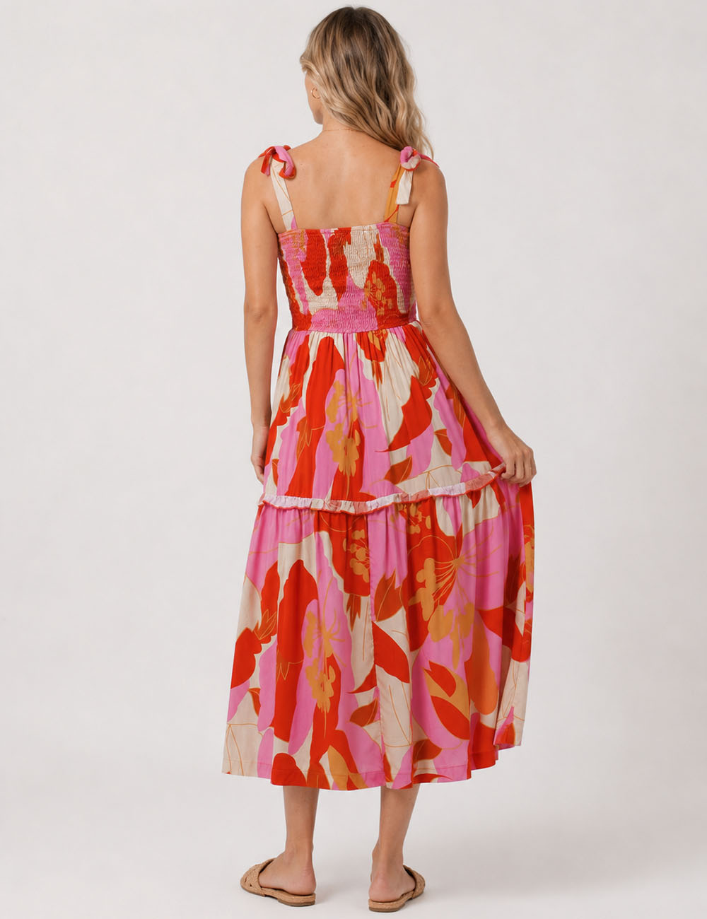 Ladies Abstract Print Smocked Tie Strap Square Neck Midi Dress