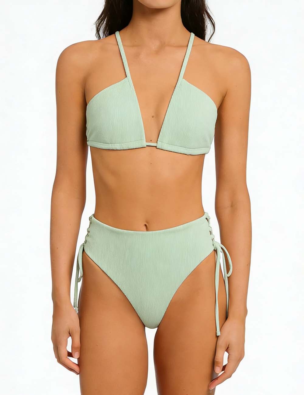 Ladies Solid Color Shoulder String Tie Bikini Set 8BK3WST317