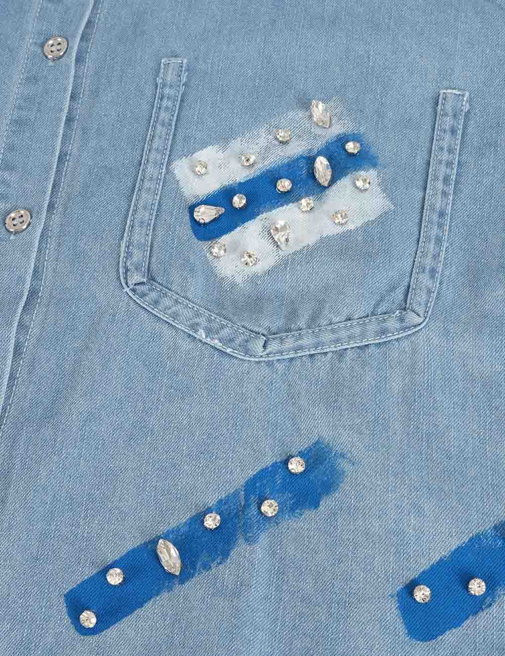Ladies Rhinestone Shirt Collar Short Sleeves Button-Up Denim Top