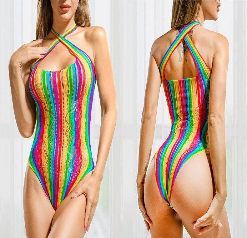 Spicy Halter Rainbow Hollow Out Bodystocking