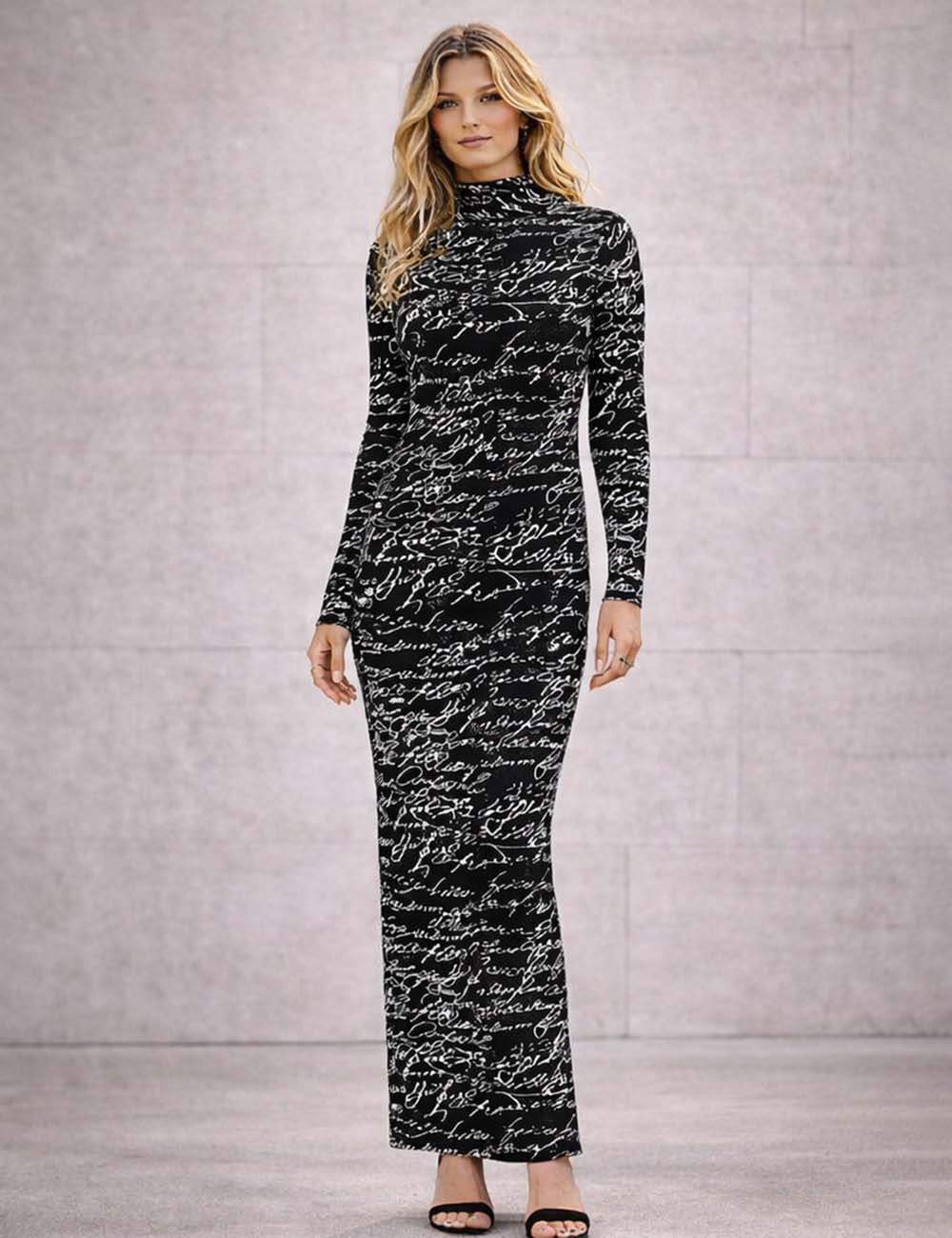 Ladies Mock Neck Letter Pattern Long Sleeves Bodycon Maxi Dress