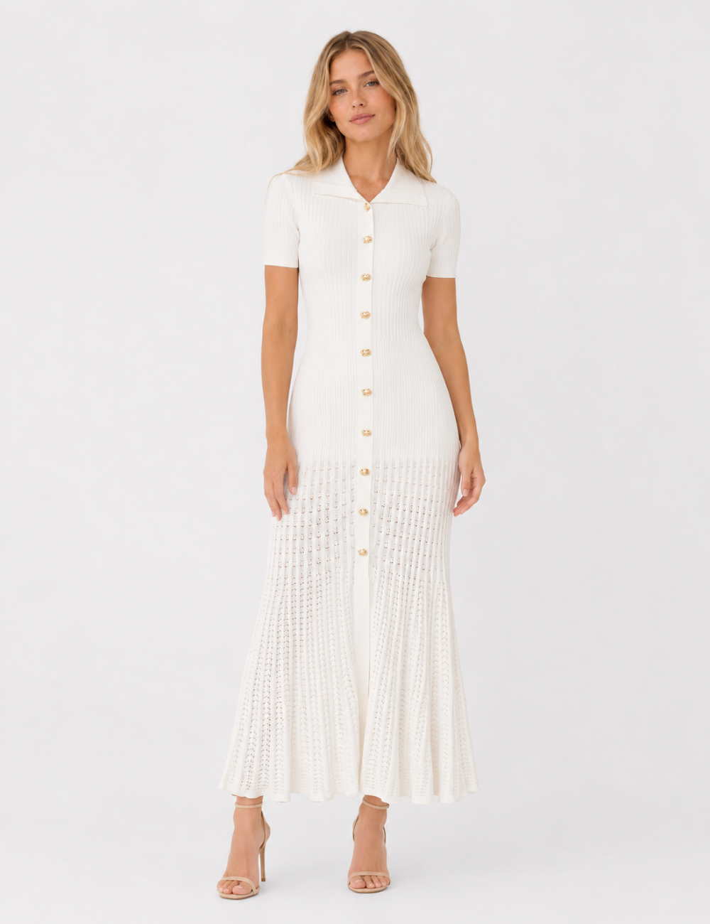 Ladies Chic Ribbed Polo Collar Short Sleeves Maxi Dress