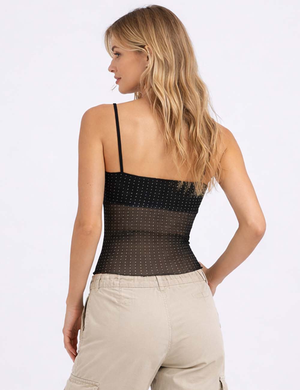 Ladies Rhinestone V-Neck Sheer Mesh Cami Top