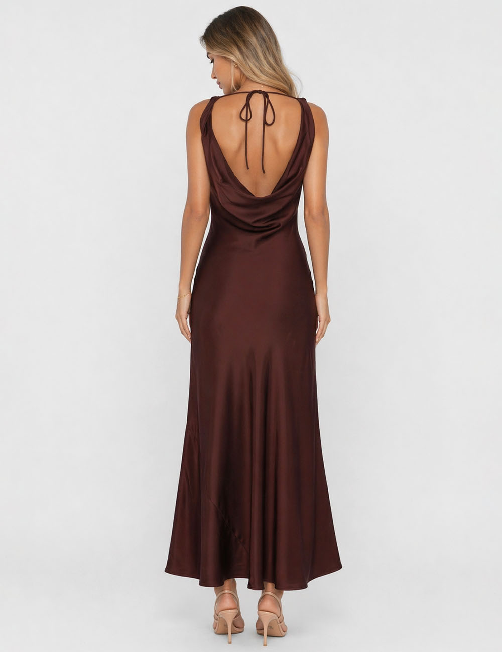 Ladies Chic Satin Cowl Neck Sleeveless Back Tie Midi Dress
