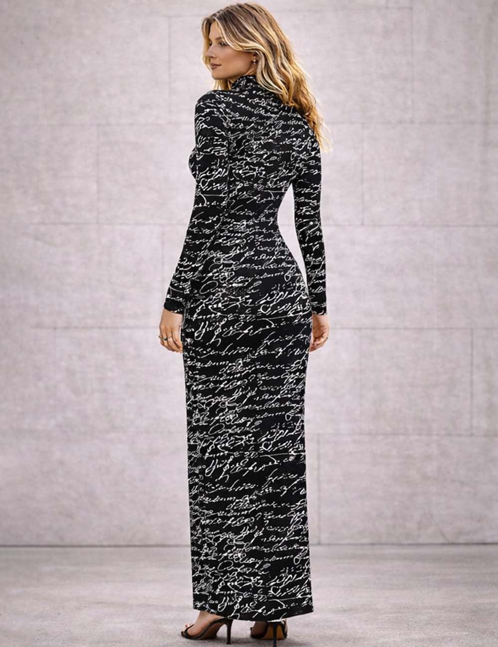 Ladies Mock Neck Letter Pattern Long Sleeves Bodycon Maxi Dress