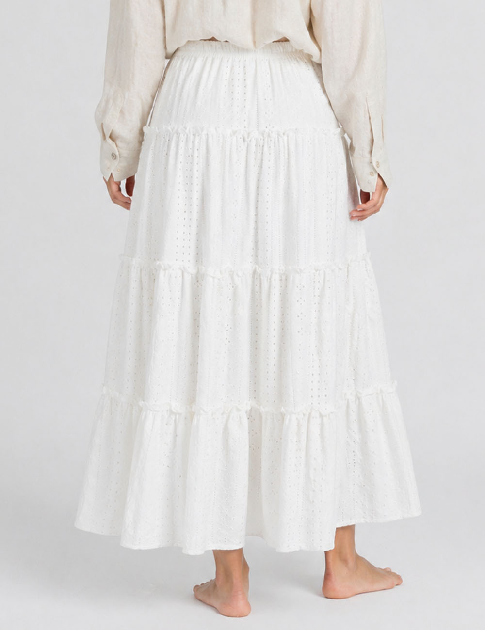 Ladies Solid Color Eyelet Tiered Ruffle  Maxi Skirt