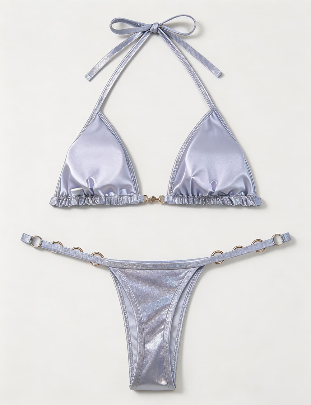 Ladies Metallic Pearl Ring Halter Triangle 2 Piece Bikini Set