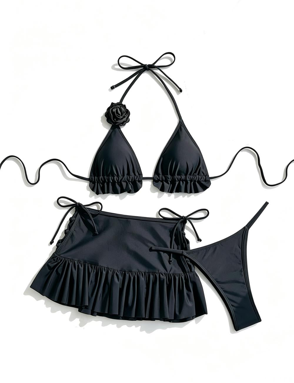 Ladies Floral Strap Ruffle Triangle Bikini Set With Mini Cover Up Skirt