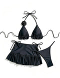 Ladies Floral Strap Ruffle Triangle Bikini Set With Mini Cover Up Skirt
