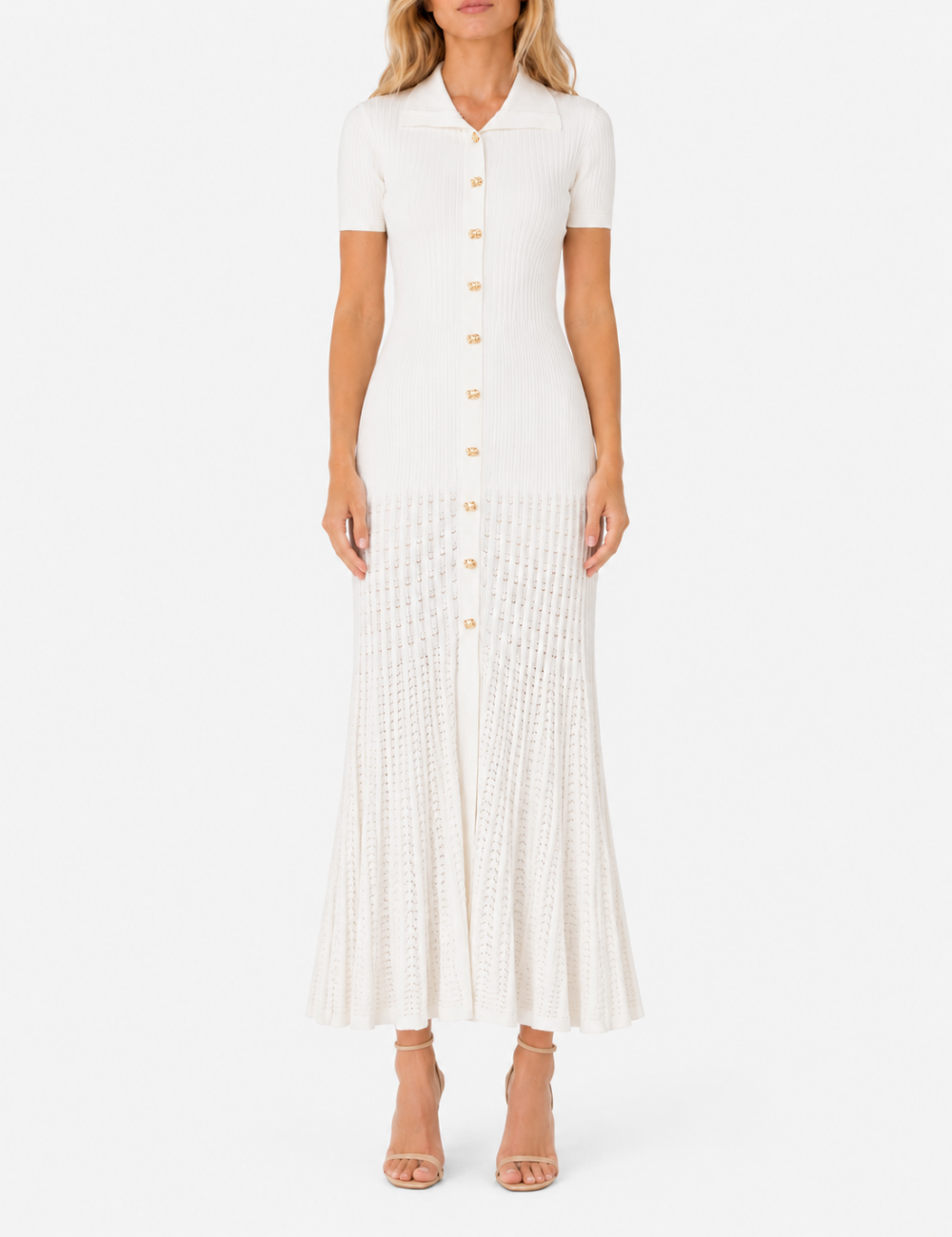 Ladies Chic Ribbed Polo Collar Short Sleeves Maxi Dress