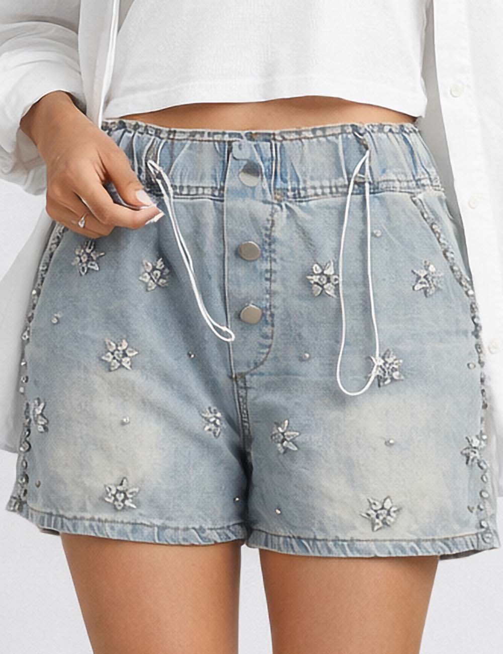 Ladies Rhinestone Star Drawstring Waist Wide Leg Denim Shorts