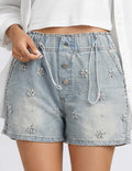 Ladies Rhinestone Star Drawstring Waist Wide Leg Denim Shorts