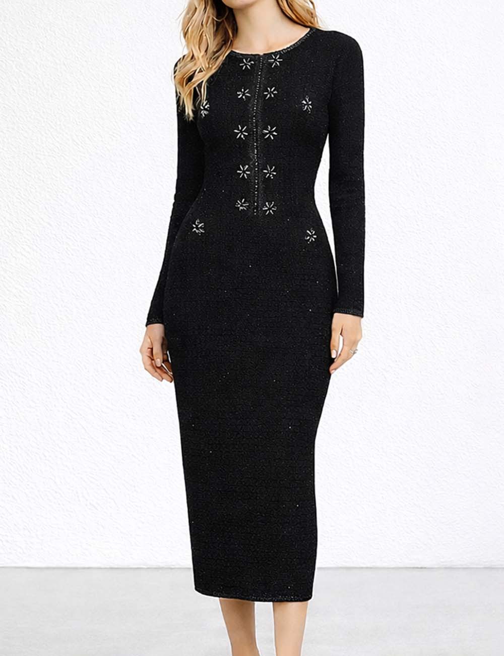 Ladies Star Beaded Tweed Knit Bodycon Midi Dress
