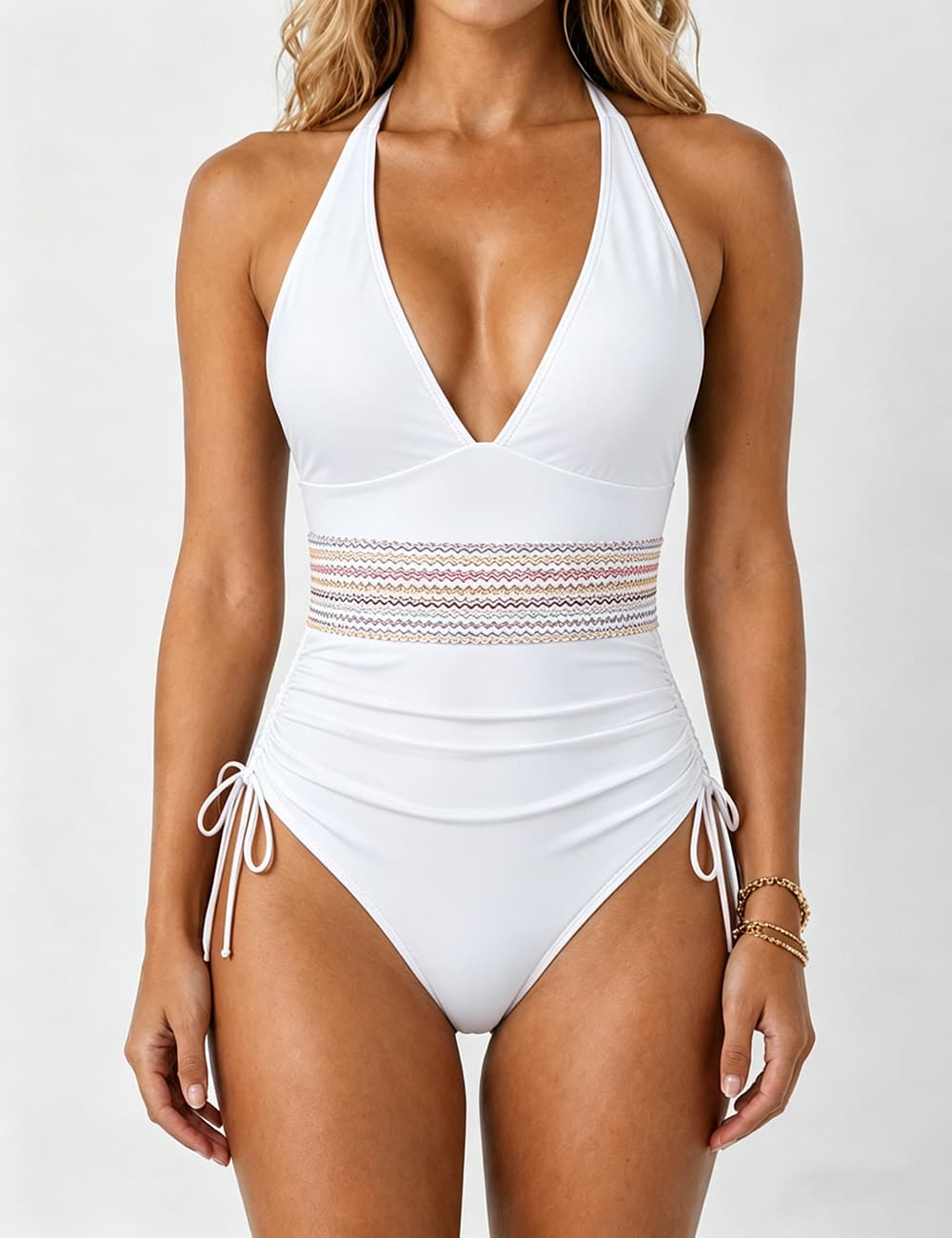 Ladies Deep V-Neck Adjustable Side Drawstring One Piece Swimsuit