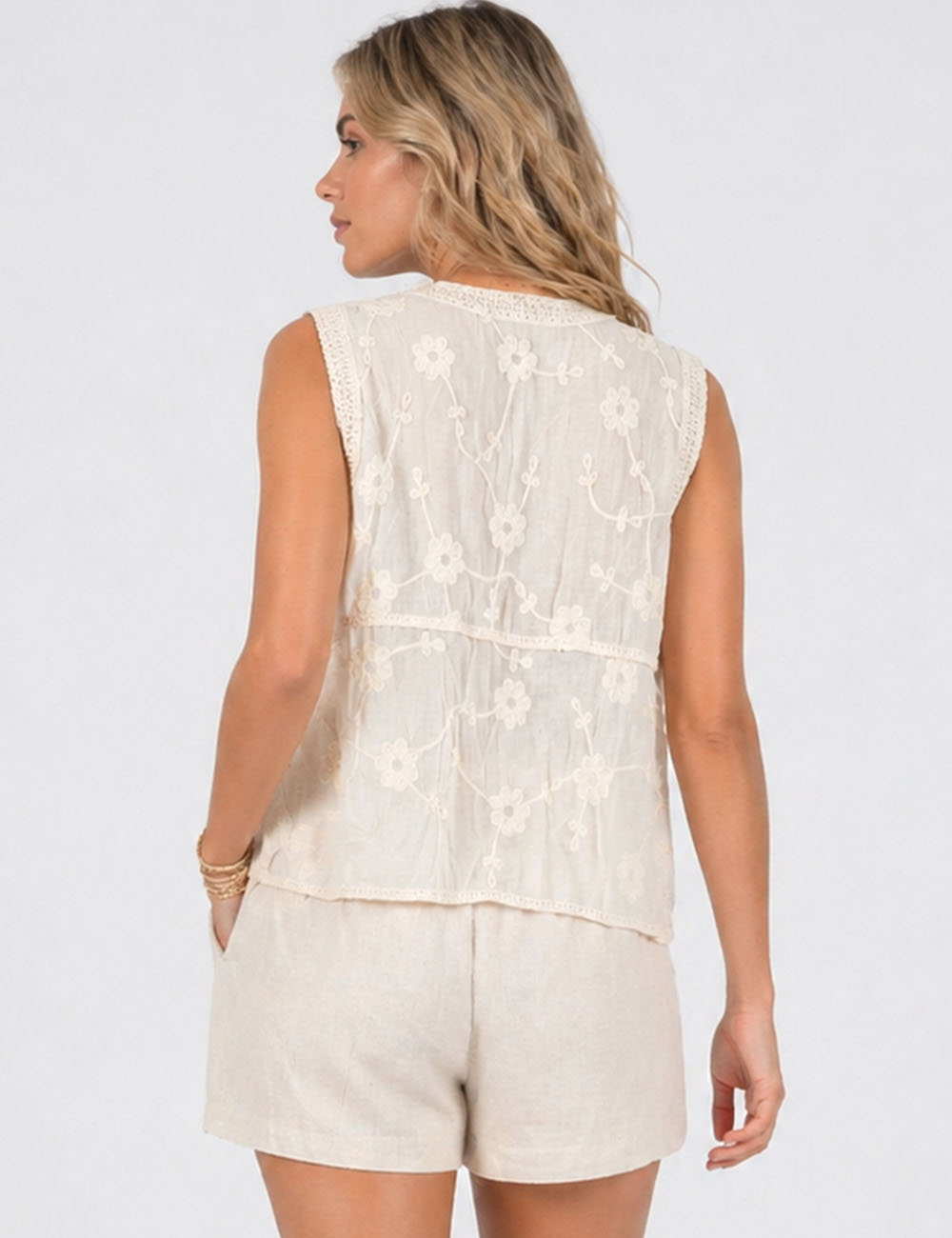 Ladies Boho Floral Embroidered V-Neck Button Front Vest