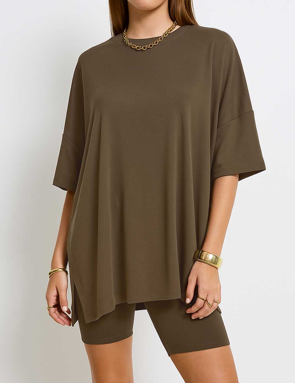 Ladies Solid Loungewear Outfits Loose Top & Slim Shorts Set
