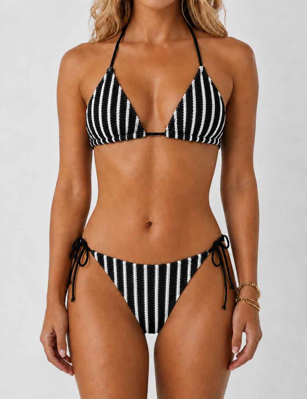 Ladies Striped Crochet Triangle 3 Piece Bikini Set With Cover Up Shorts