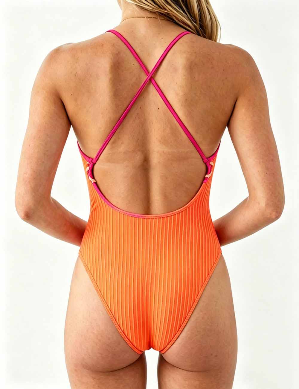 Ladies Lace-Up Accents Along High Leg Cut One Piece Swimsuit