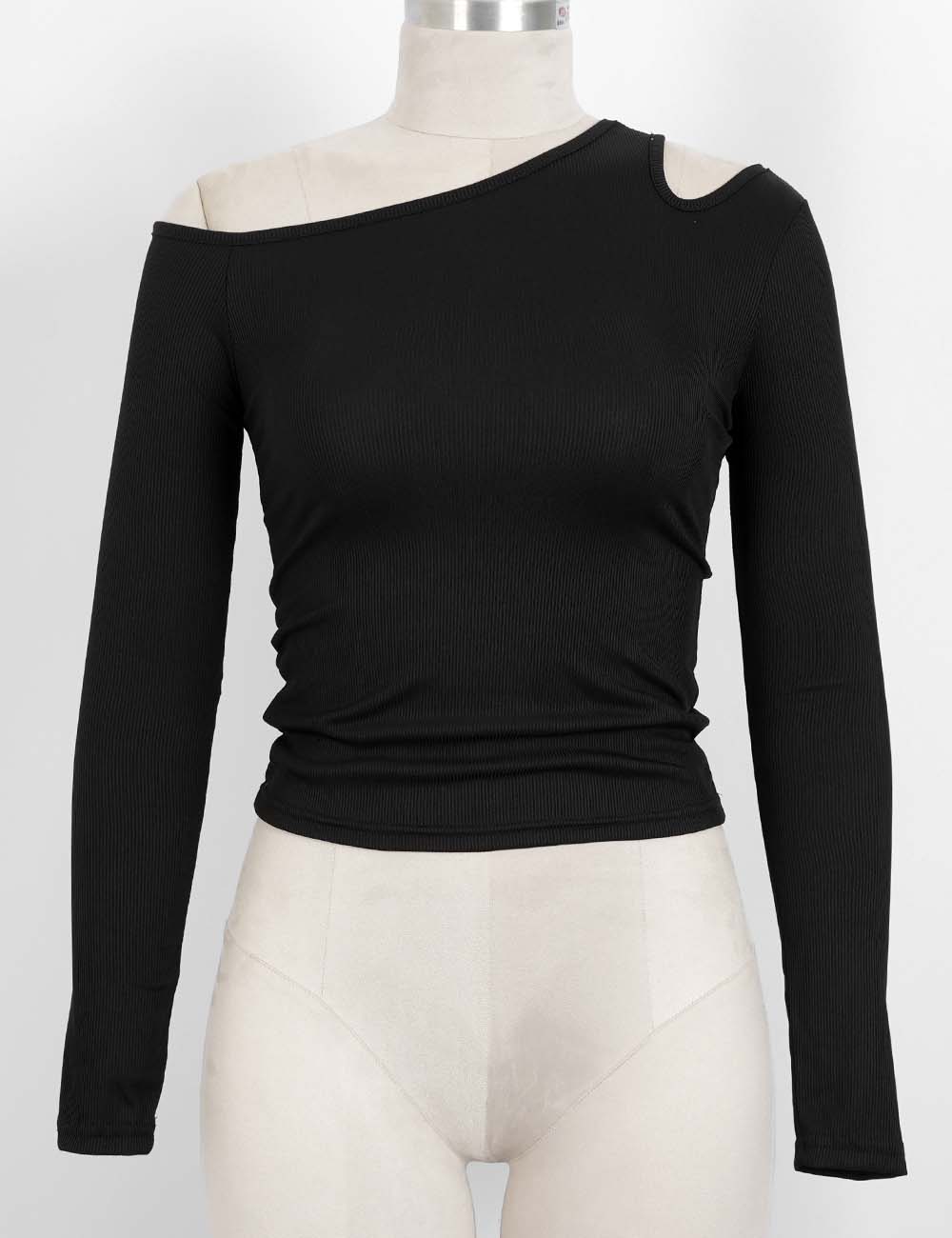 Ladies Chic One Shoulder Cut Out Solid Color Long Sleeves Top