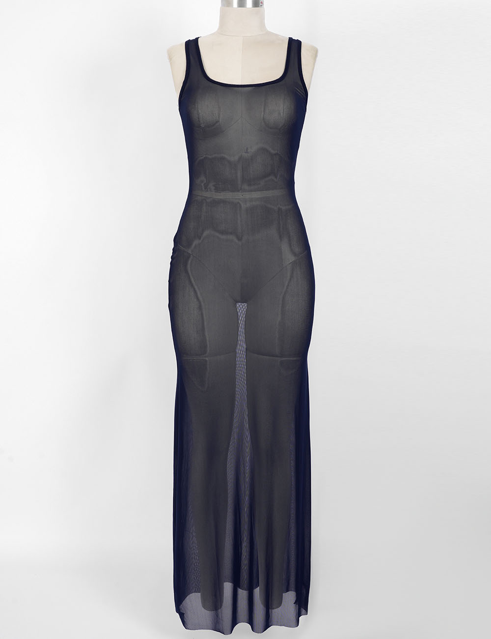 Ladies Beach Sheer Mesh U-Neck Sleeveless Maxi Dress