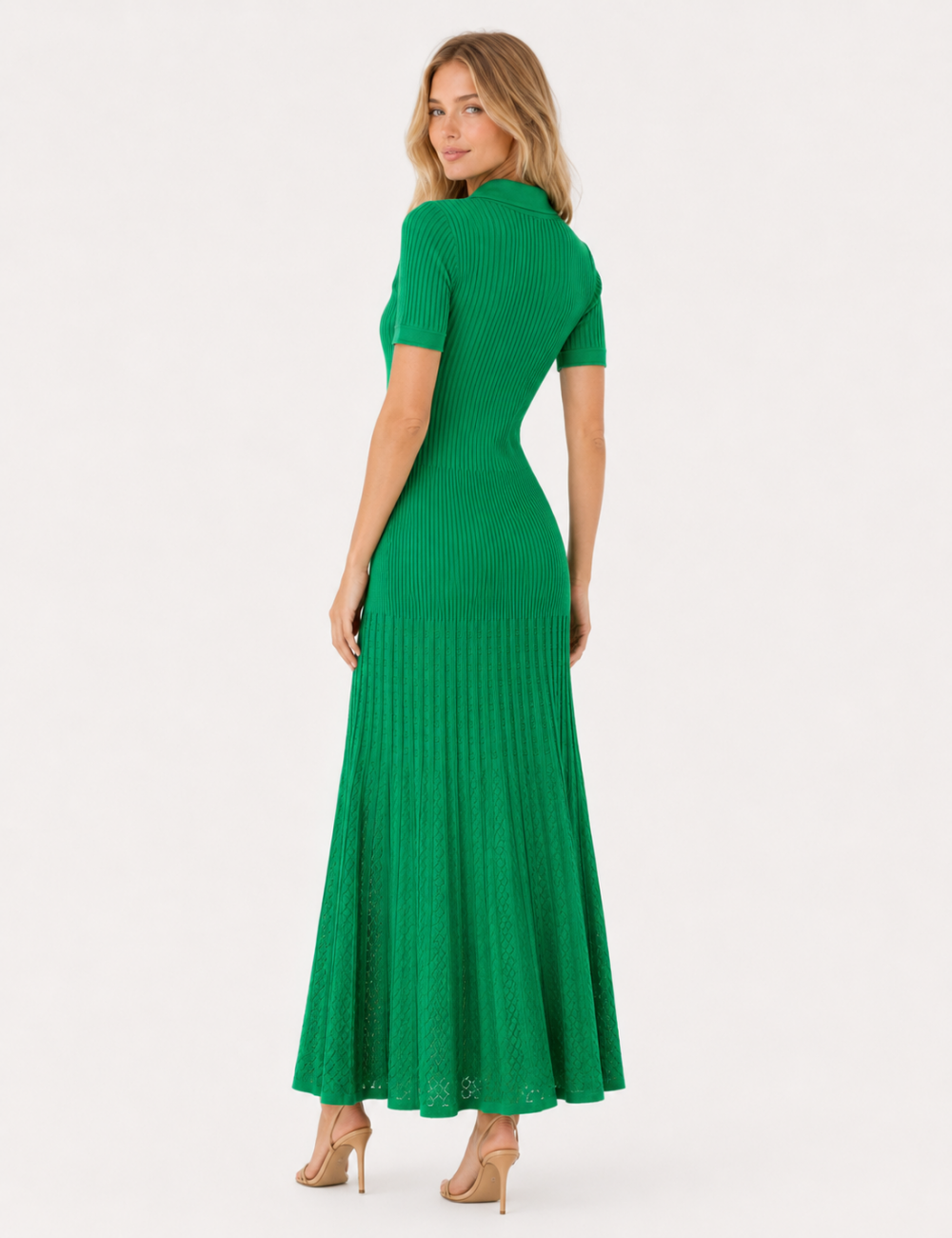 Ladies Chic Ribbed Polo Collar Short Sleeves Maxi Dress