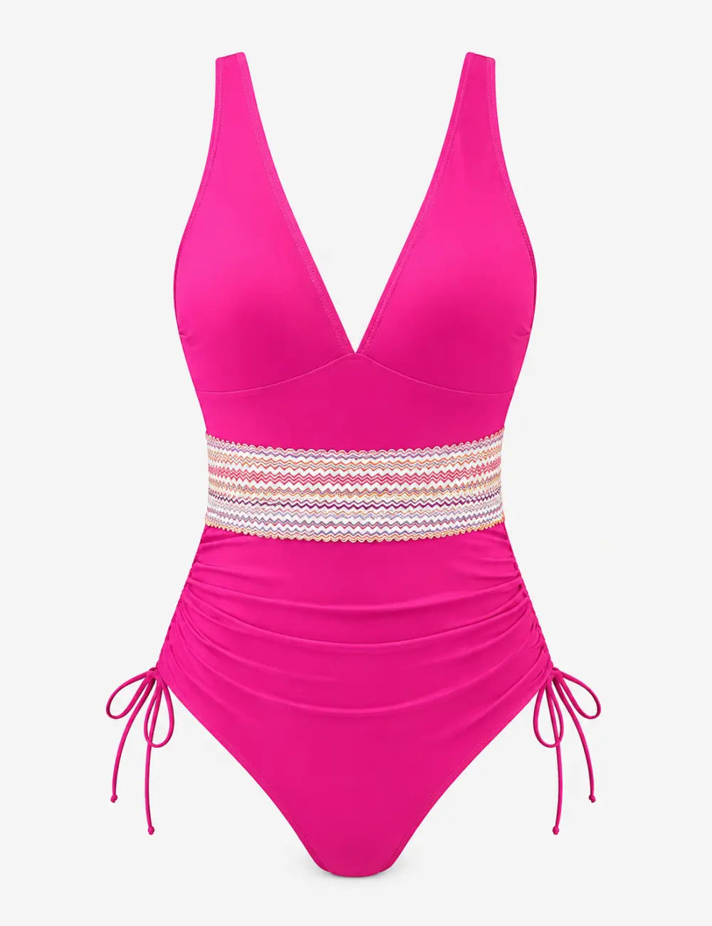 Ladies Deep V-Neck Adjustable Side Drawstring One Piece Swimsuit