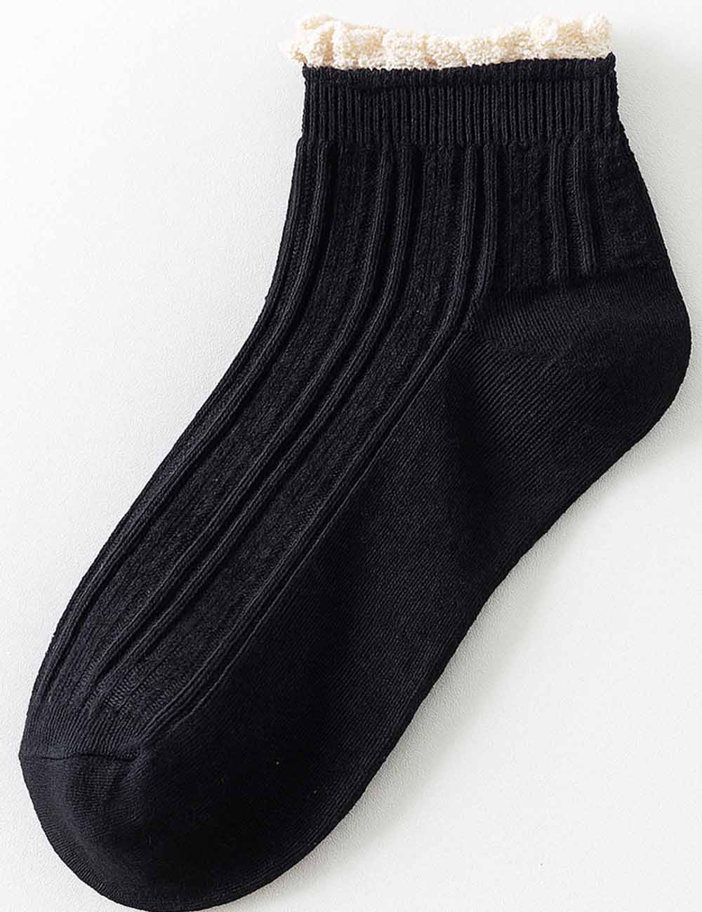 Ladies Lace Trim Ribbed Knit Ankle Crew Socks