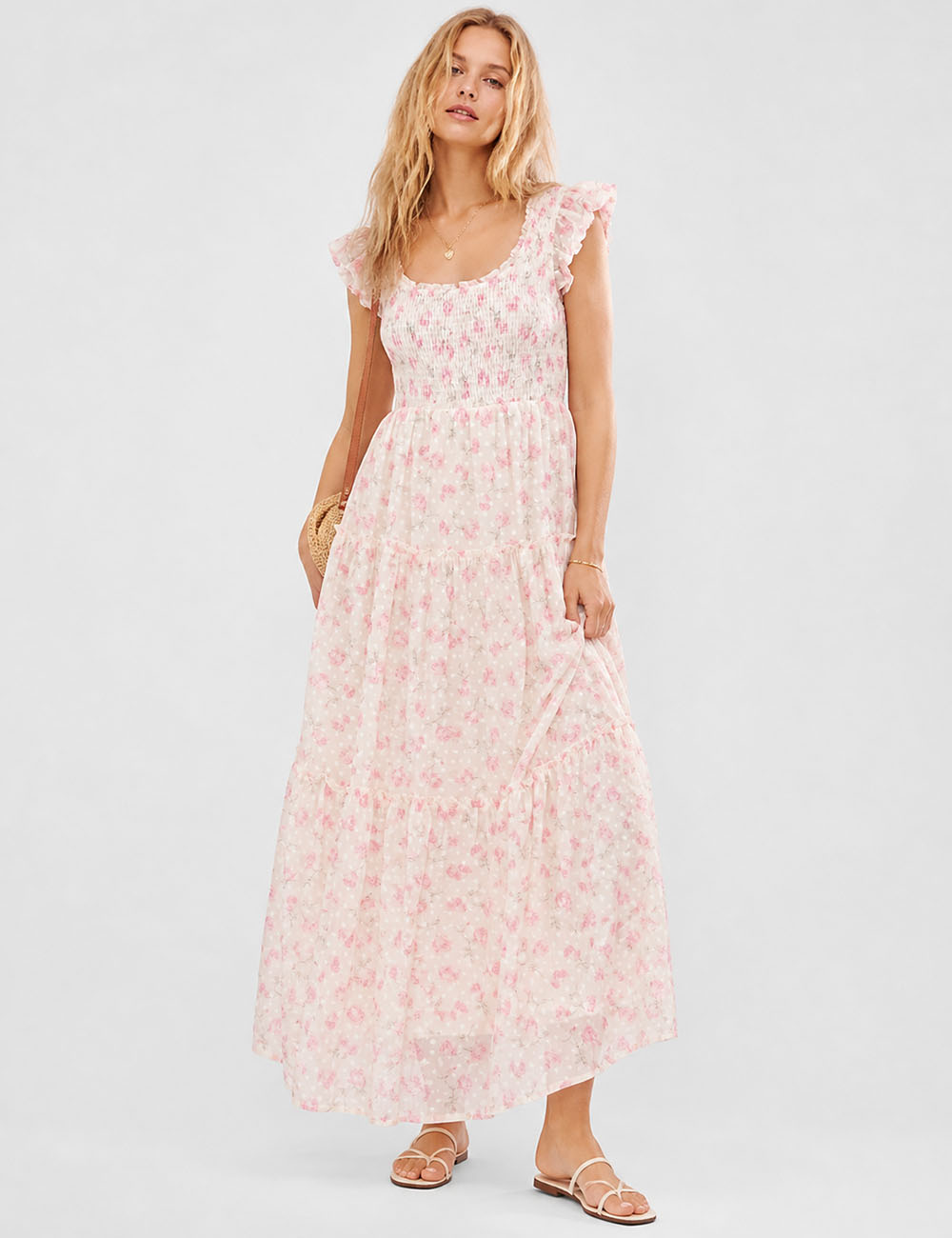 Ladies Floral Print Ruffle Sleeves Tiered Hem Smocked Maxi Dress