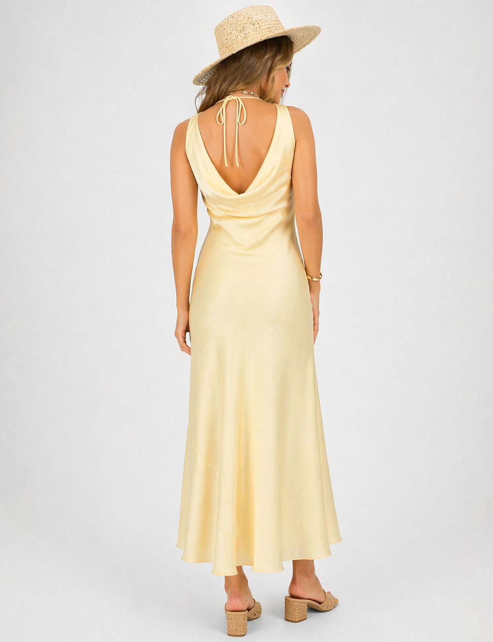 Ladies Chic Satin Cowl Neck Sleeveless Back Tie Midi Dress
