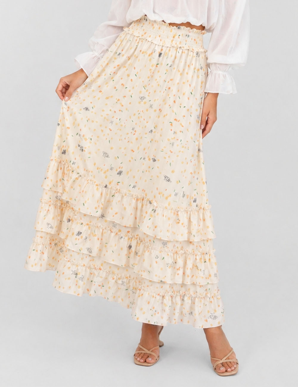 Ladies Floral Tiered Ruffle Smocked Waist Maxi Skirt