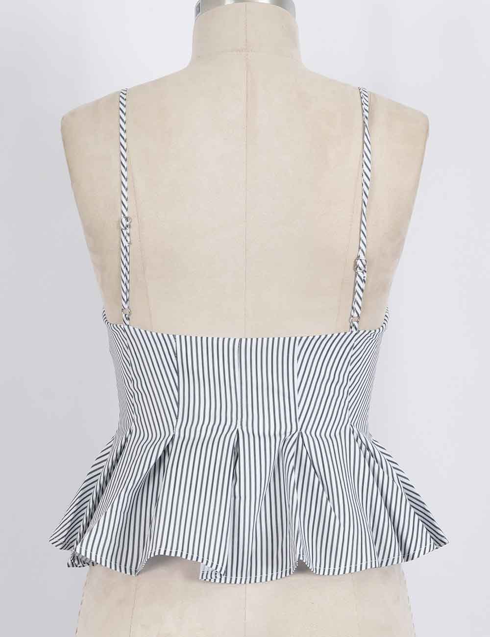 Ladies Chic Striped Spaghetti Strap Button Front Peplum Cami Top