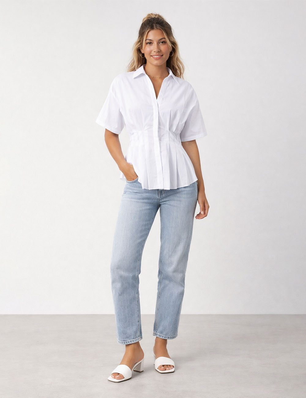 Ladies Chic Pleated Waist Shirt Collar Short Sleeves Blouse