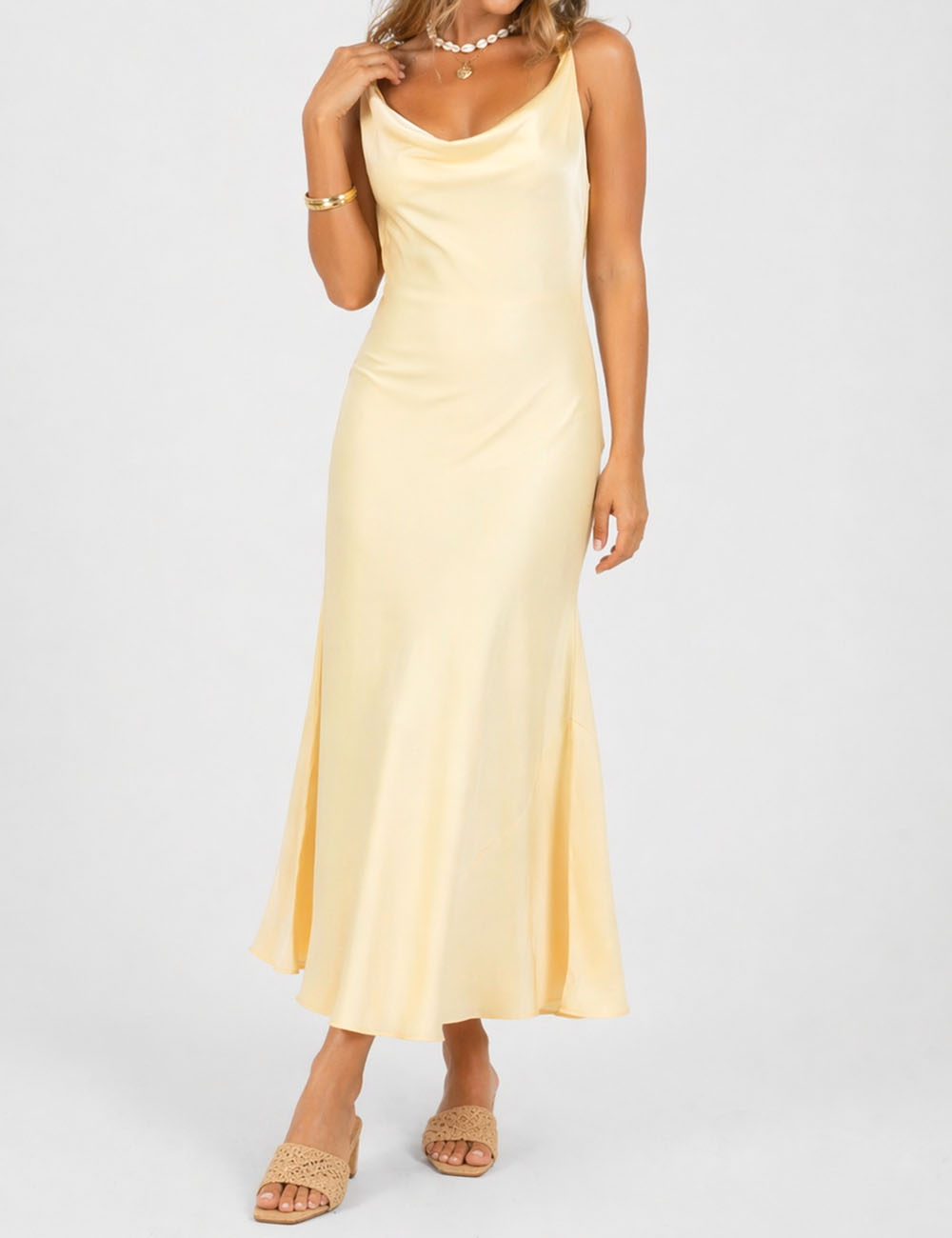 Ladies Chic Satin Cowl Neck Sleeveless Back Tie Midi Dress