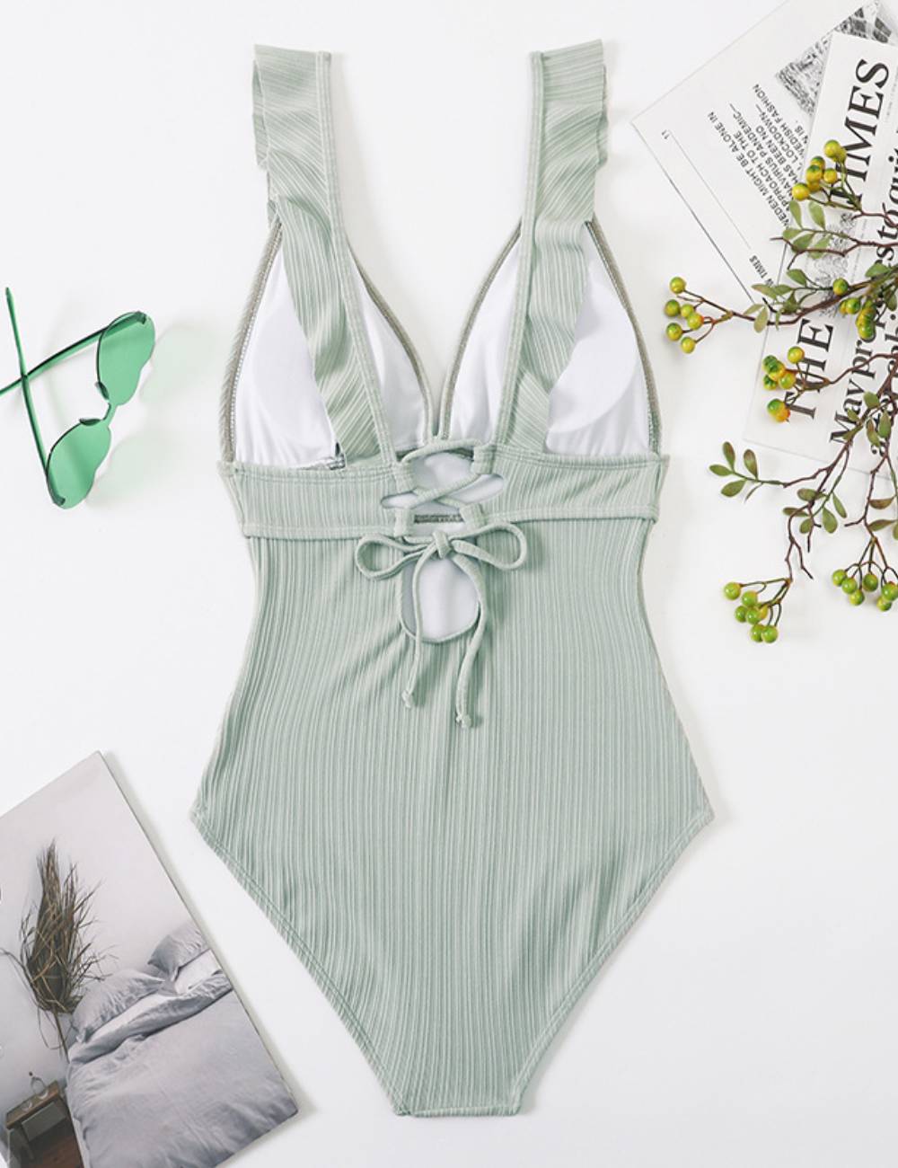 Ladies Rib Ruffle Neck One Piece Swimwear SKSW40079