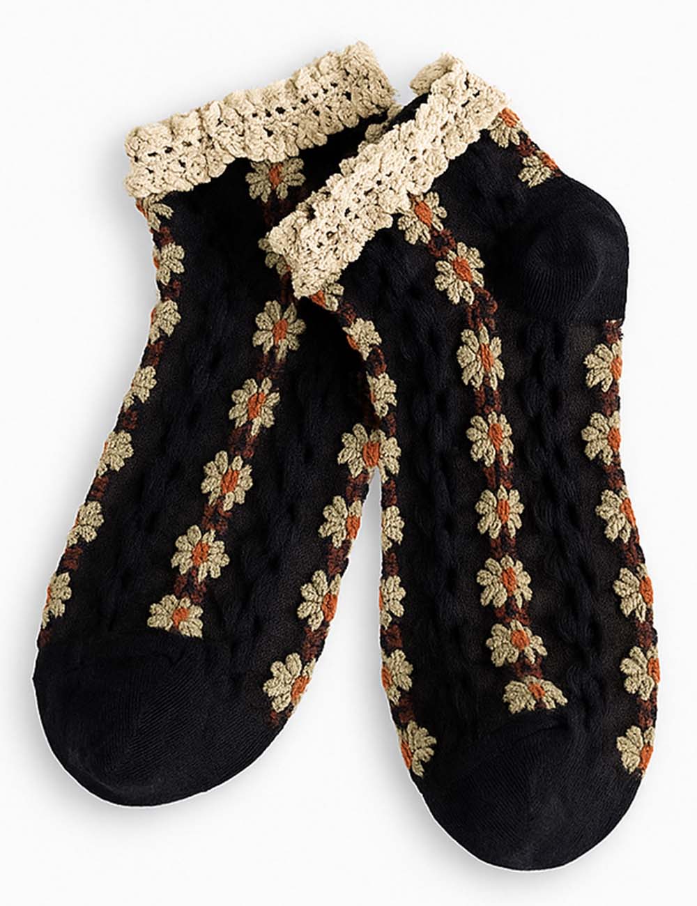 Ladies Floral Embroidery Ruffled Trim Knit Ankle Socks