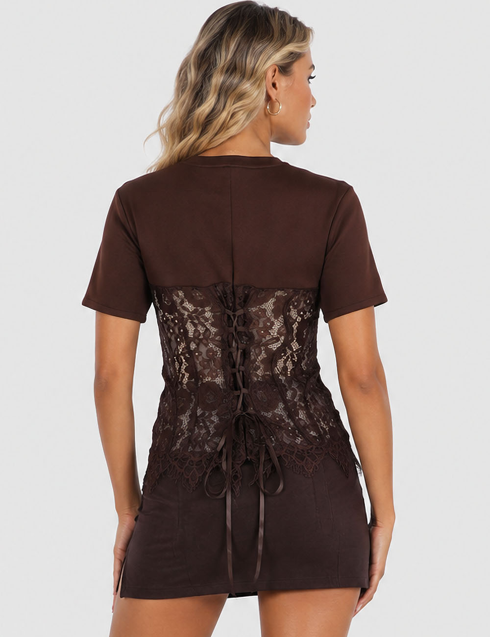 Ladies Lace Scalloped Hem Round Neck Short Sleeves Top