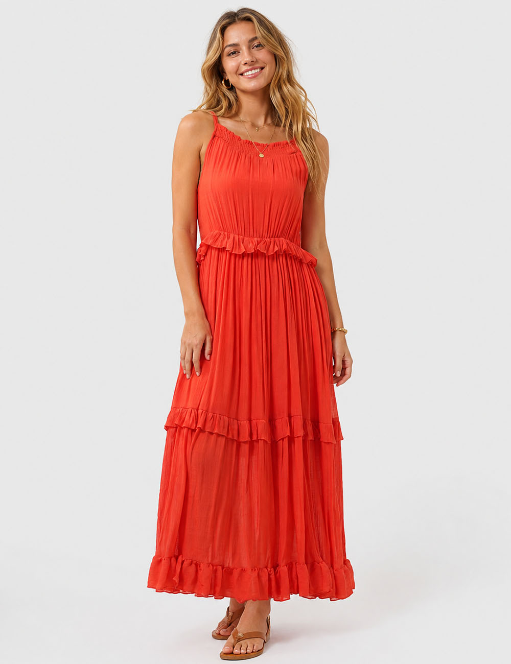Ladies Boho Ruffle Tiered Hem Sleeveless Solid Color Maxi Dress