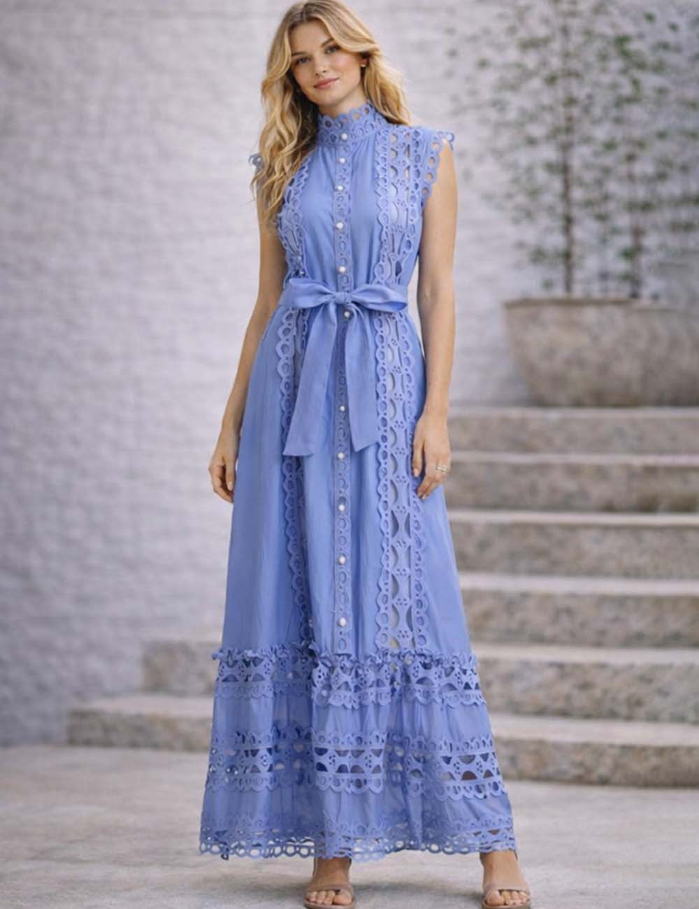 Ladies Embroidery Eyelet Button Down Belted Maxi Dress