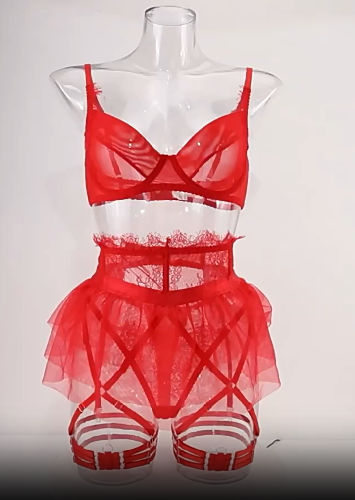 Ladies Solid Color Skirt Garter Belt 3PCS Lingerie Set SKLG4081
