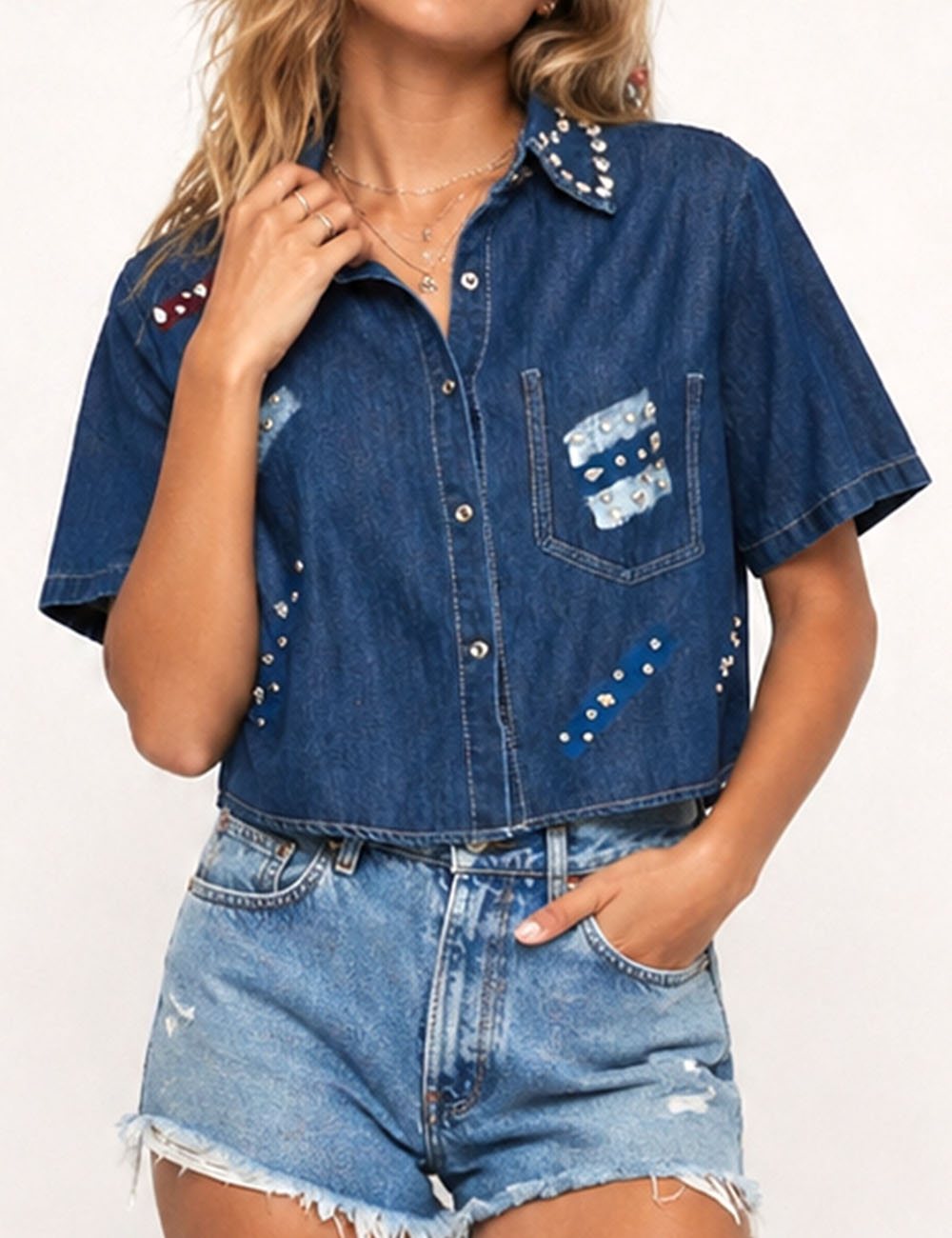Ladies Rhinestone Shirt Collar Short Sleeves Button-Up Denim Top