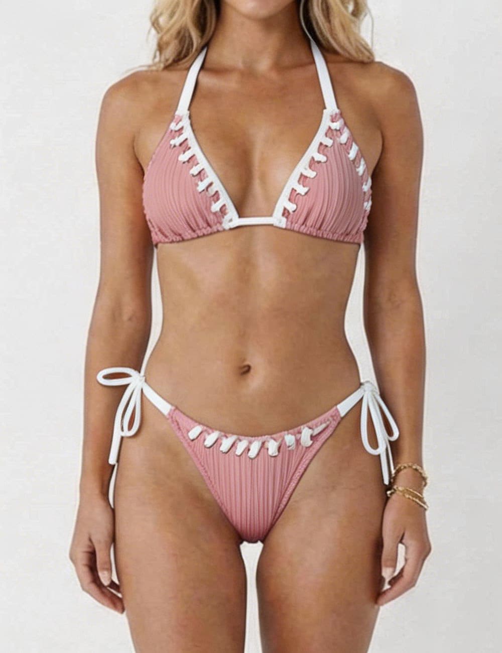 Ladies Braided Trim Ribbed Halter Triangle 2 Piece Bikini Set