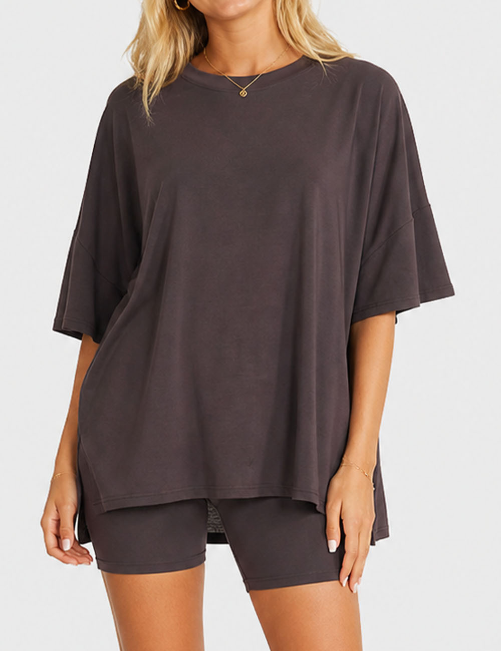 Ladies Solid Loungewear Outfits Loose Top & Slim Shorts Set