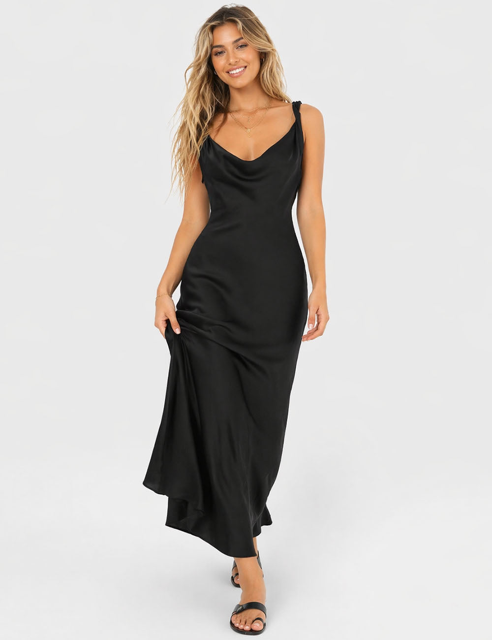 Ladies Chic Satin Cowl Neck Sleeveless Back Tie Midi Dress