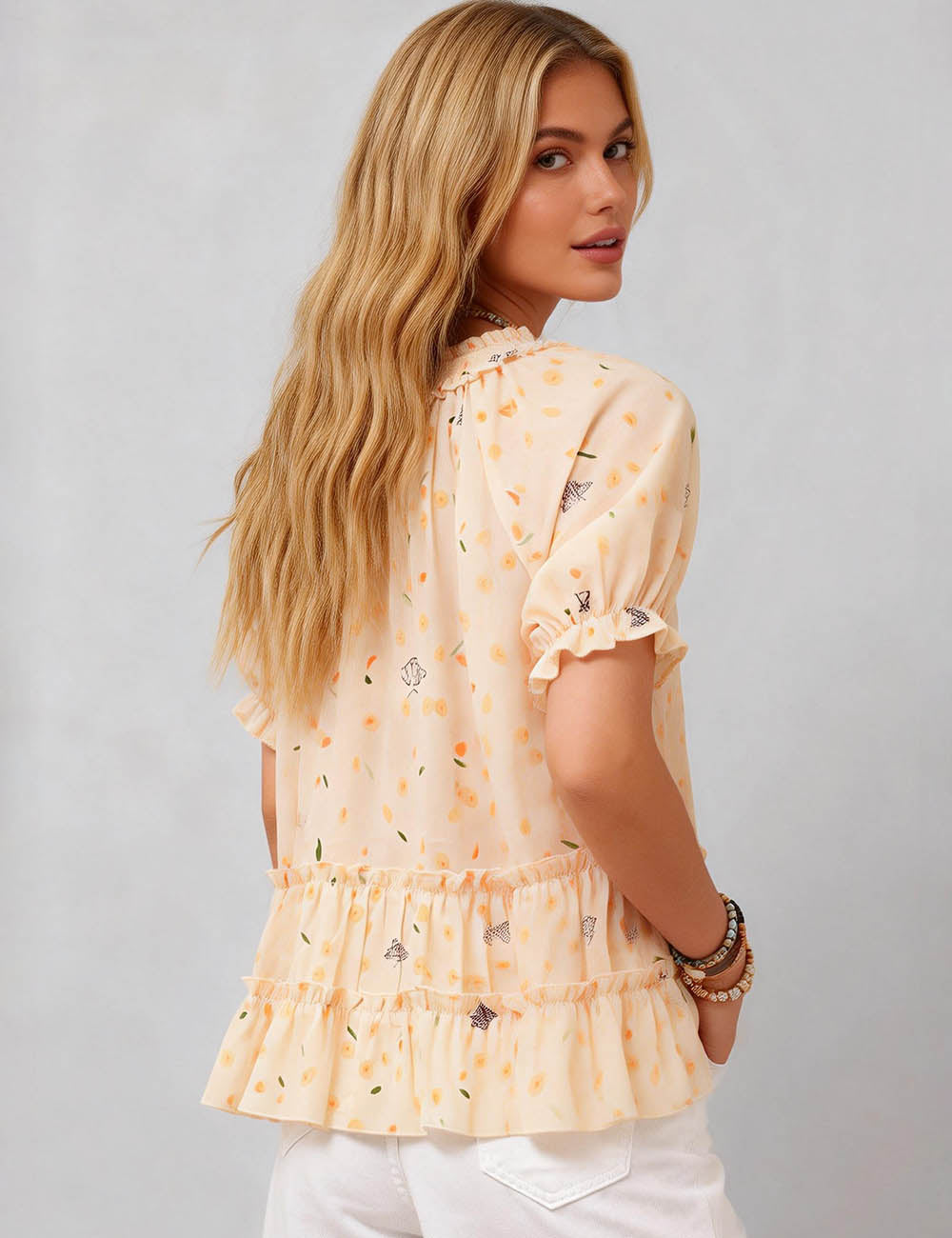 Ladies Floral Print Ruffle Hem Tie Neck Short Sleeves Babydoll Blouse