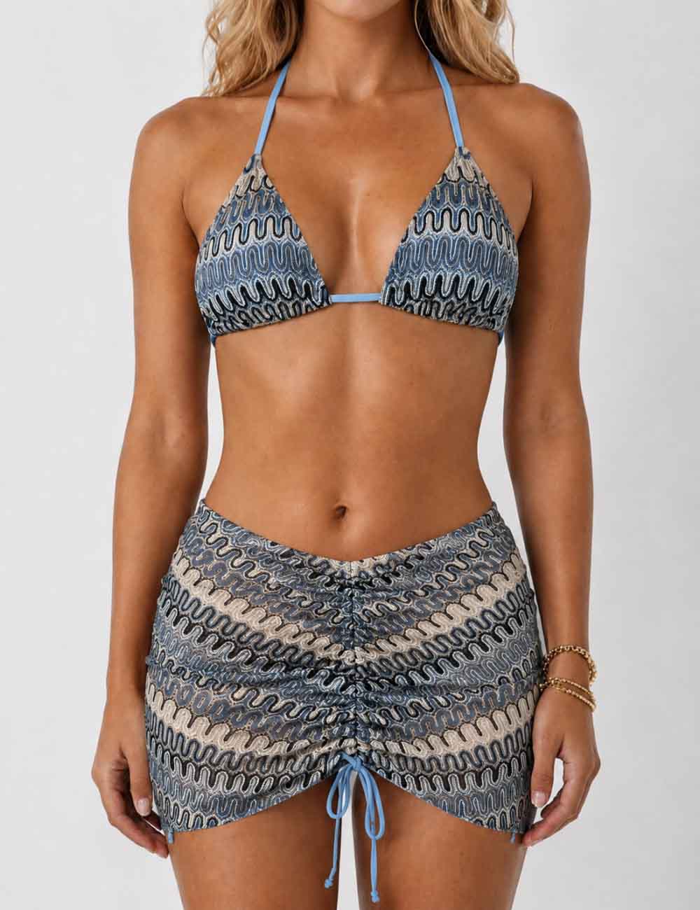Ladies Wave Striped Knit Triangle Bikini Set with Cover Up Skirt