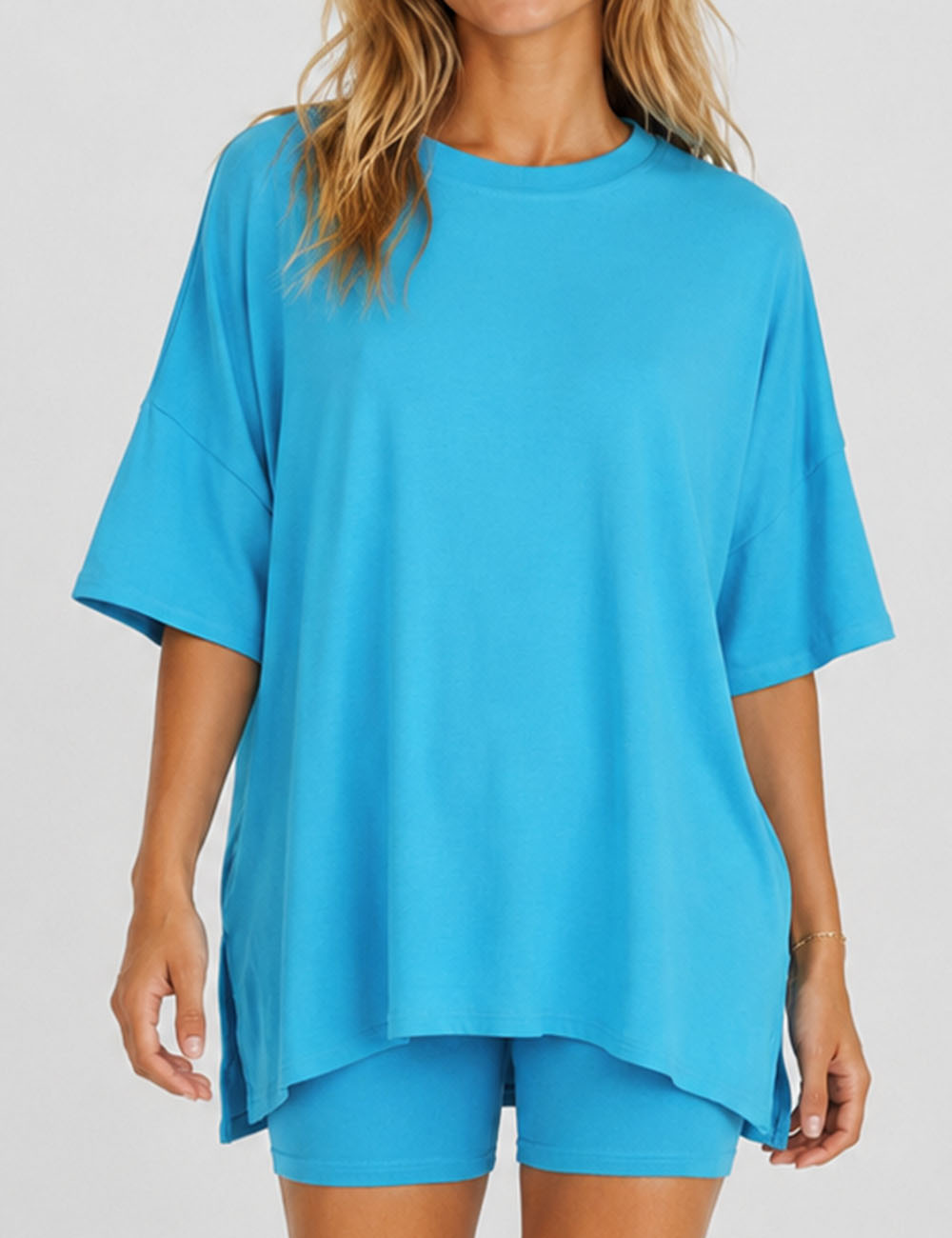 Ladies Solid Loungewear Outfits Loose Top & Slim Shorts Set