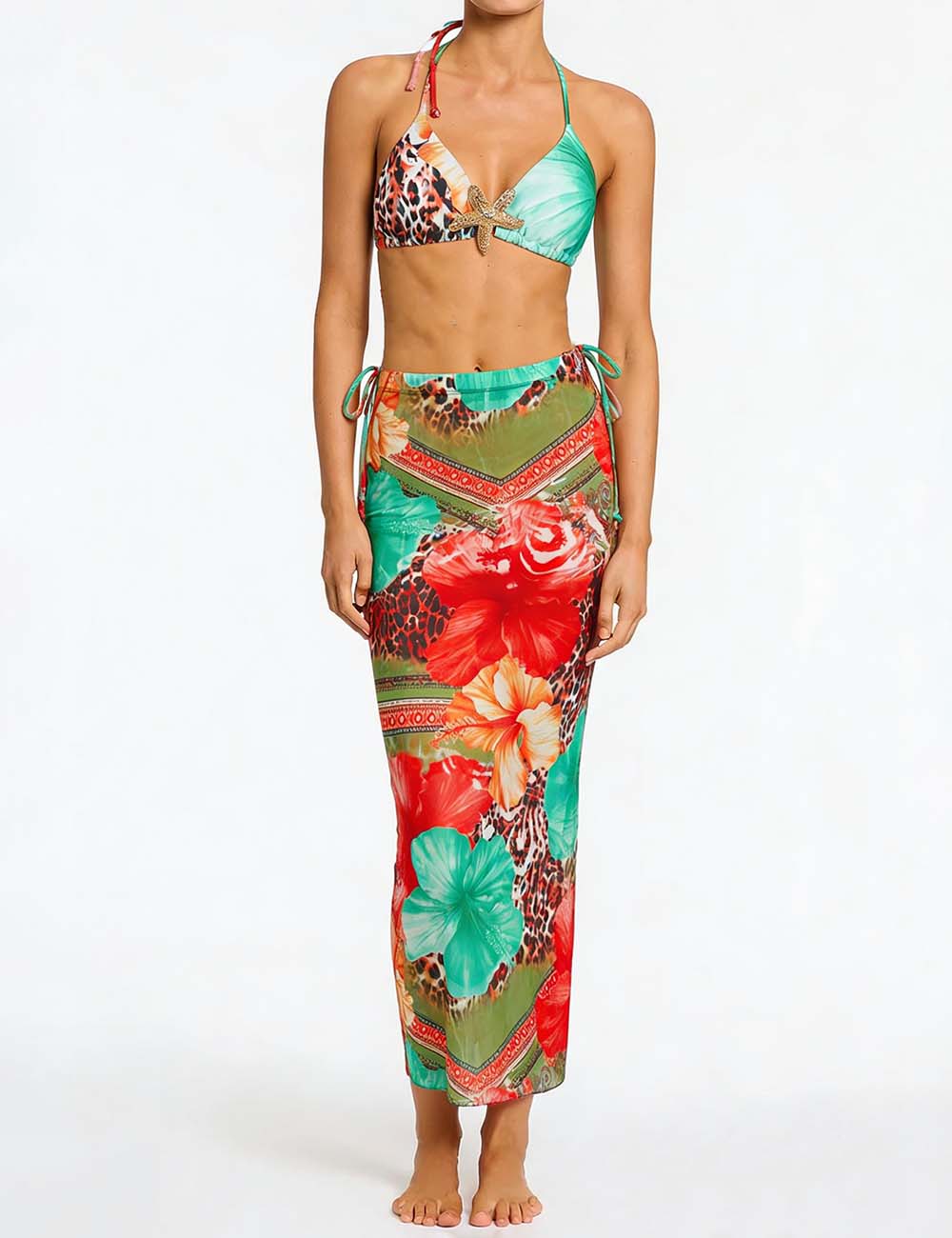 Ladies Tropical Print Triangle Bikini Set with Sarong Skirt