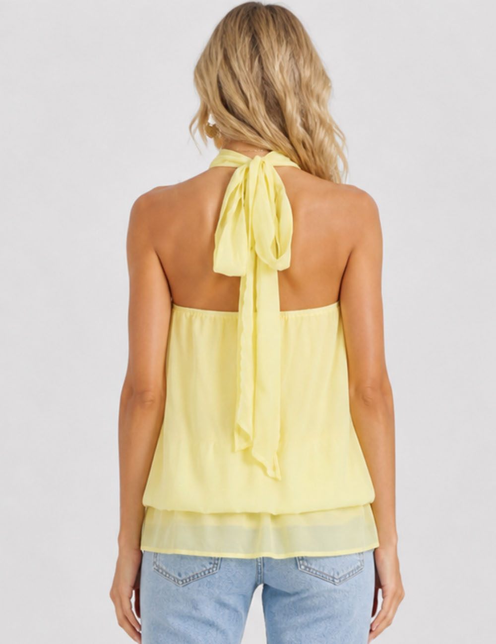 Ladies Chiffon Stand Neck Solid Color Ruffle Hem Sleeveless Top