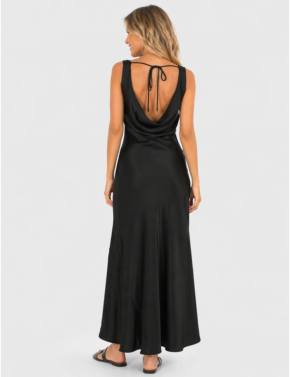 Ladies Chic Satin Cowl Neck Sleeveless Back Tie Midi Dress