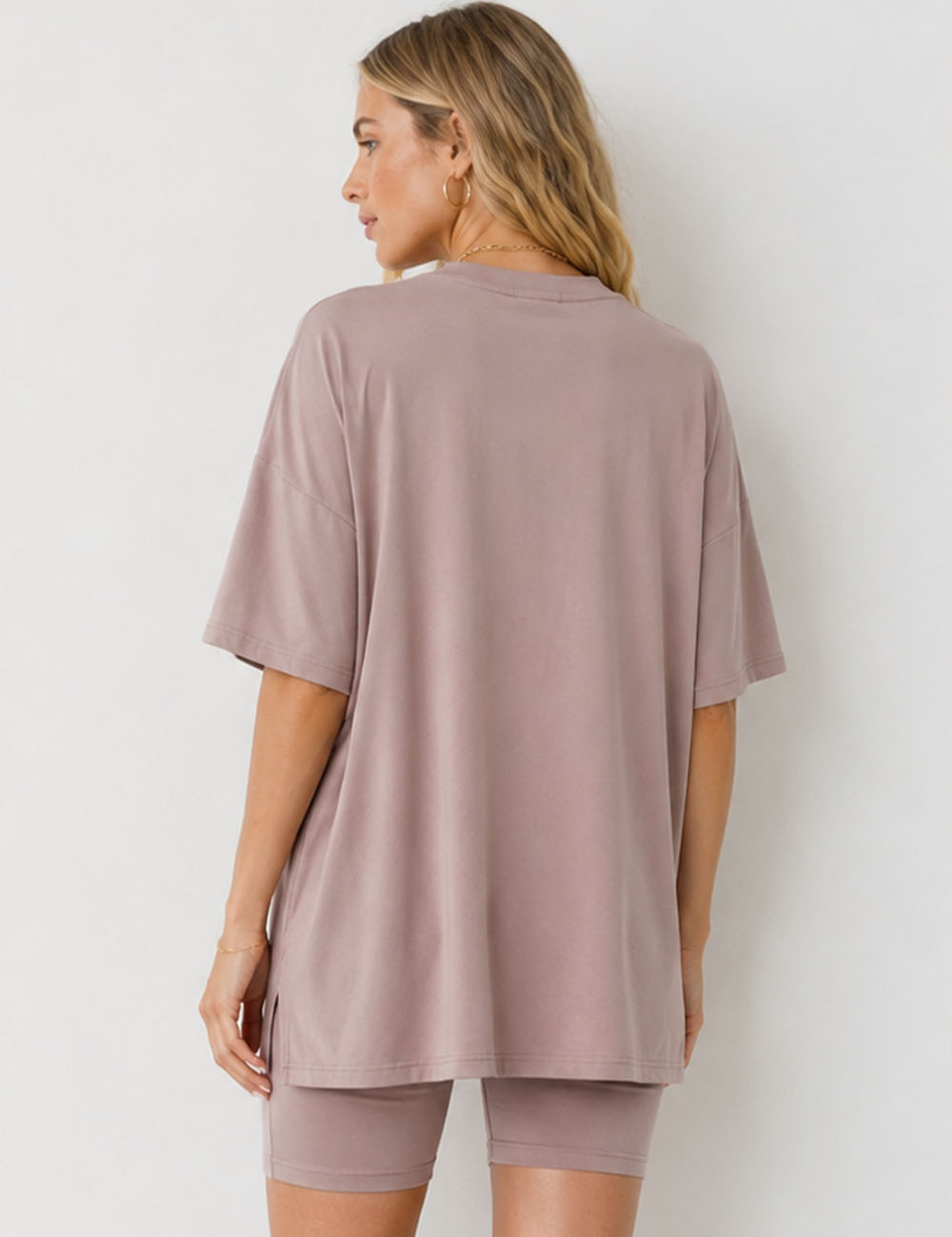 Ladies Solid Loungewear Outfits Loose Top & Slim Shorts Set